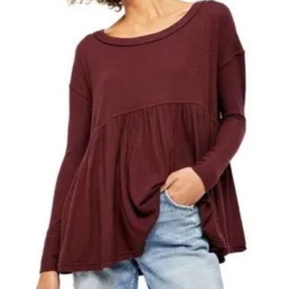 Free People Brushed Knit Babydoll Top in Maroon, Size XS